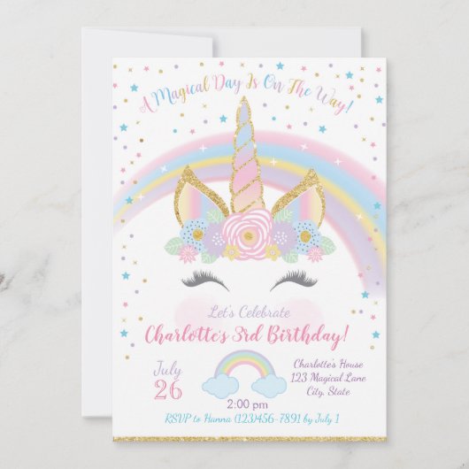 Unicorn Birthday Invitation, Unicorn Party Invite Kaart (Voorkant)