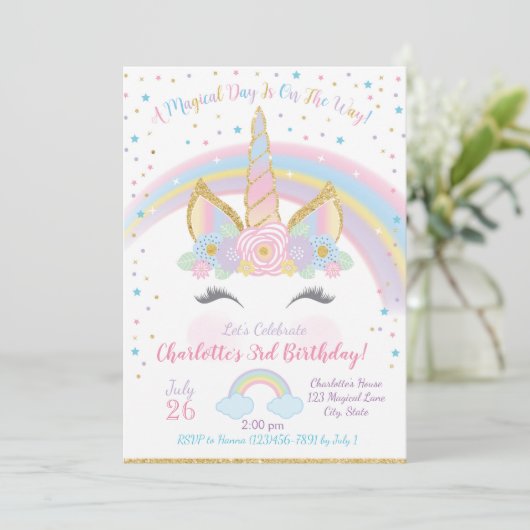 Unicorn Birthday Invitation, Unicorn Party Invite Kaart (Staand voorkant)