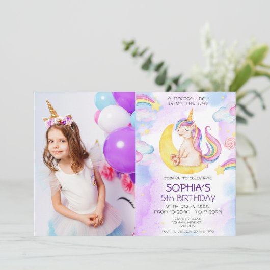 Unicorn Birthday Invitation, Unicorn Party Kaart (Staand voorkant)