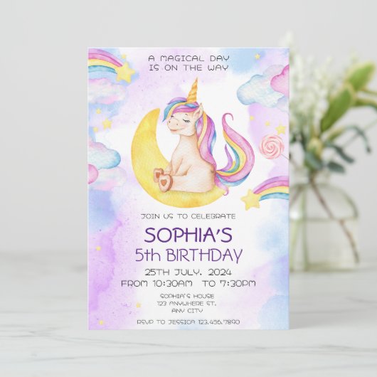 Unicorn Birthday Invitation, Unicorn Party Kaart (Staand voorkant)