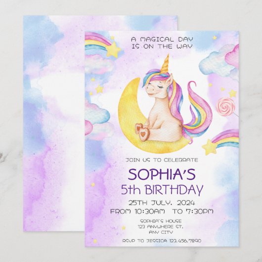 Unicorn Birthday Invitation, Unicorn Party Kaart (Voorkant / Achterkant)