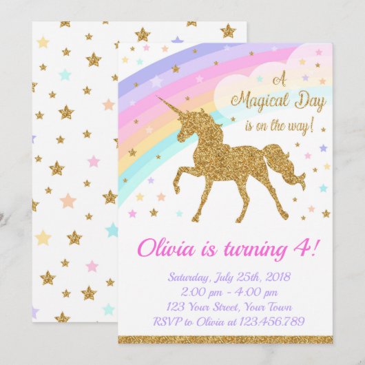 Unicorn Birthday Invitation, Unicorn Party Kaart (Voorkant / Achterkant)