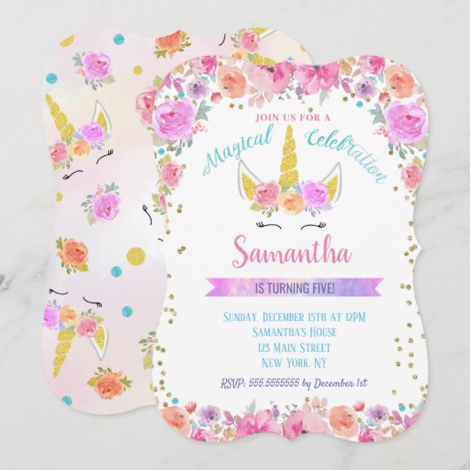 Unicorn Birthday Invitations Kaart (Voorkant / Achterkant)