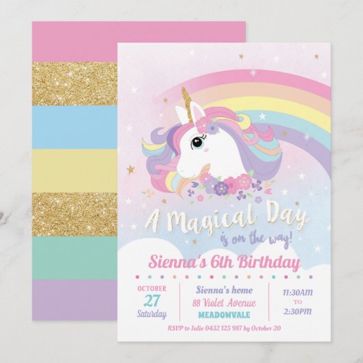 Unicorn Birthday Invitations Rainbow Girl Kaart (Voorkant / Achterkant)
