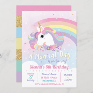 Unicorn Birthday Invitations Rainbow Girl Kaart