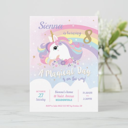 Unicorn Birthday Invitations Rainbow Girl Kaart (Staand voorkant)