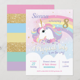 Unicorn Birthday Invitations Rainbow Girl Kaart