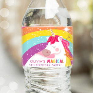 Unicorn Birthday Label Rainbow Magical Girl Pink Waterfles Etiket