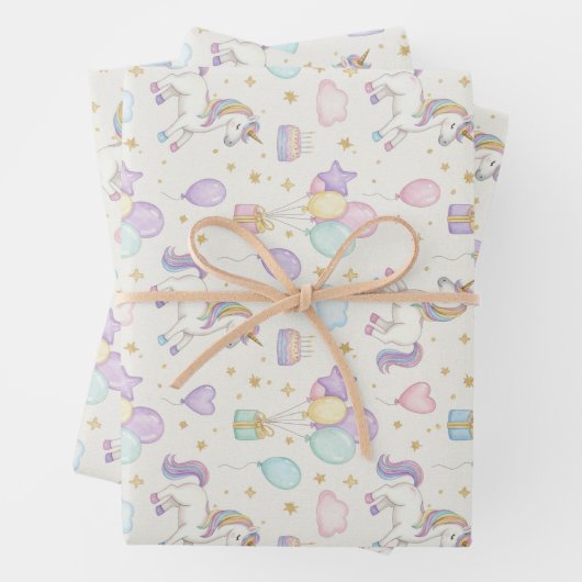 Unicorn Birthday Magic – Pastel Balloons & Cakes  Inpakpapier Vel (In situ)