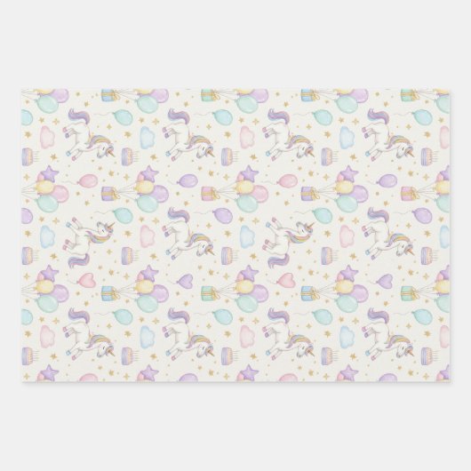 Unicorn Birthday Magic – Pastel Balloons & Cakes  Inpakpapier Vel (Voorkant)