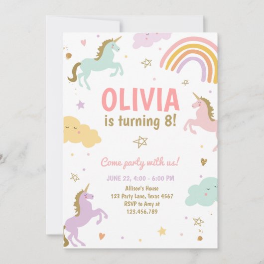Unicorn Birthday Magical Rainbow Unicorn Party Kaart (Voorkant)