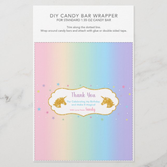 Unicorn Birthday Party 1,55 oz Snoep Bar Wrapper (Voorkant)