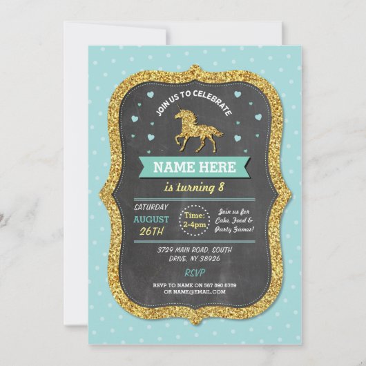 Unicorn Birthday Party Blauwgroen Gold Glitter Inv Kaart (Voorkant)