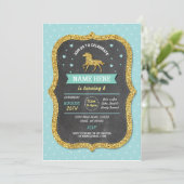 Unicorn Birthday Party Blauwgroen Gold Glitter Inv Kaart (Staand voorkant)