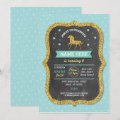 Unicorn Birthday Party Blauwgroen Gold Glitter Inv Kaart (Voorkant / Achterkant)