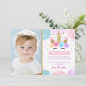 Unicorn Birthday Party Dank je kaarten met foto (Staand voorkant)