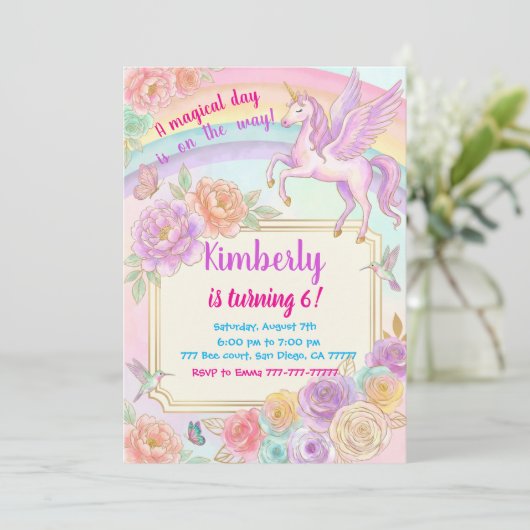 Unicorn Birthday Party Flowers Invitation Kaart (Staand voorkant)