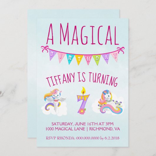 Unicorn Birthday Party for 7 year old Kaart (Voorkant / Achterkant)