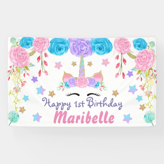Unicorn Birthday Party - Gepersonaliseerde tabelac Spandoek (Horizontaal)