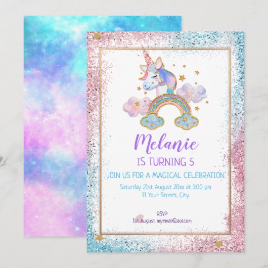 Unicorn Birthday Party Girl Invitation Kaart (Voorkant / Achterkant)