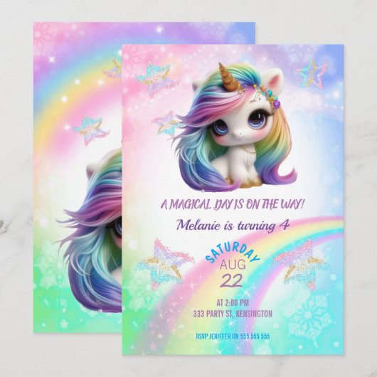 Unicorn Birthday Party Girl Invitation Kaart (Voorkant / Achterkant)