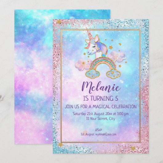 Unicorn Birthday Party Girl Invitation Kaart (Voorkant / Achterkant)