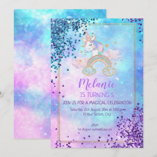 Unicorn Birthday Party Girl Invitation Kaart (Voorkant / Achterkant)