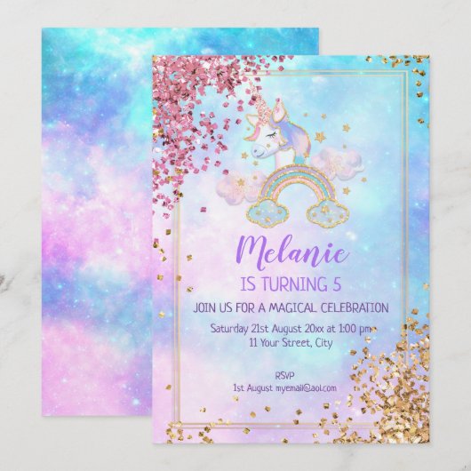 Unicorn Birthday Party Girl Invitation Kaart (Voorkant / Achterkant)