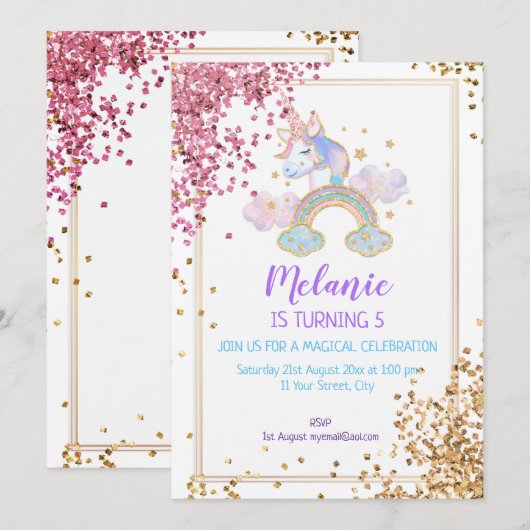 Unicorn Birthday Party Girl Invitation Kaart (Voorkant / Achterkant)