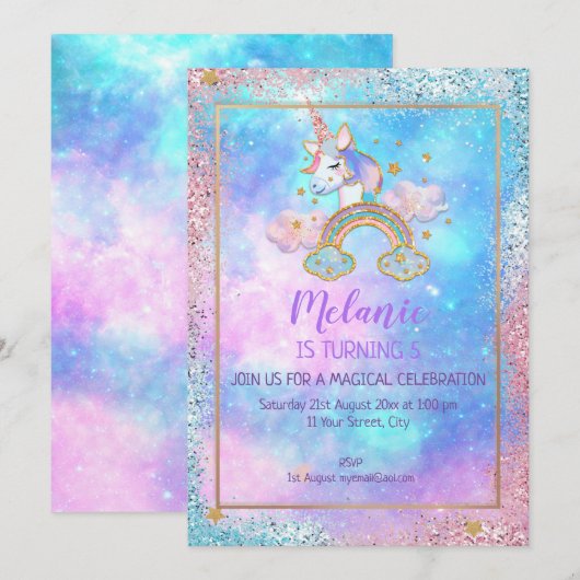 Unicorn Birthday Party Girl Invitation Kaart (Voorkant / Achterkant)
