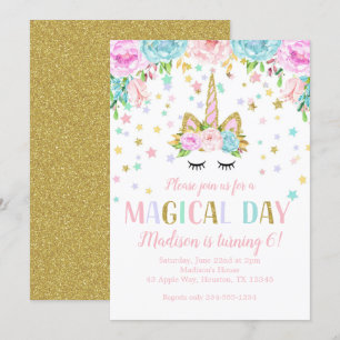 Unicorn Birthday Party Gold Glitter Flowers Stars Kaart