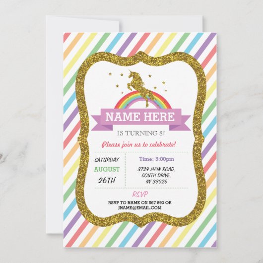 Unicorn Birthday Party Gold Glitter Rainbow Invite Kaart (Voorkant)