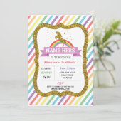 Unicorn Birthday Party Gold Glitter Rainbow Invite Kaart (Staand voorkant)