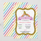 Unicorn Birthday Party Gold Glitter Rainbow Invite Kaart (Voorkant / Achterkant)