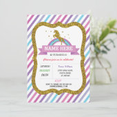 Unicorn Birthday Party Gold Glitter Rainbow Invite Kaart (Staand voorkant)