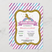 Unicorn Birthday Party Gold Glitter Rainbow Invite Kaart (Voorkant / Achterkant)