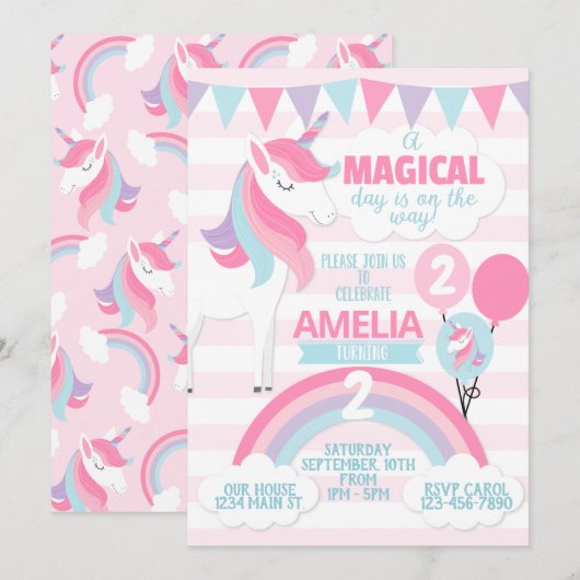 Unicorn Birthday Party Invitation Invite Kaart (Voorkant / Achterkant)