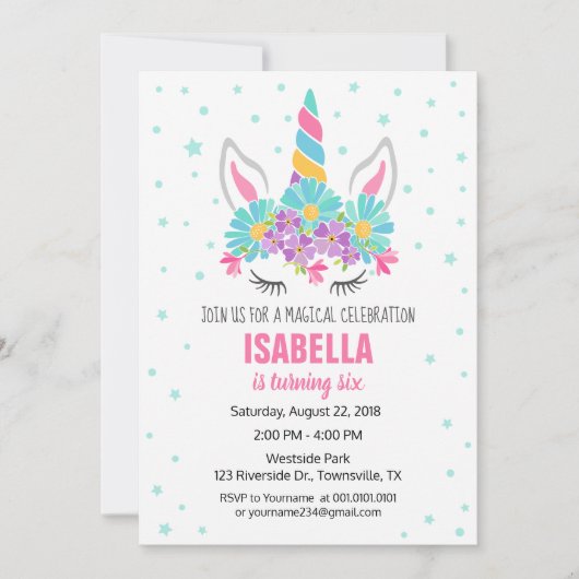Unicorn Birthday Party Invitation Kaart (Voorkant)