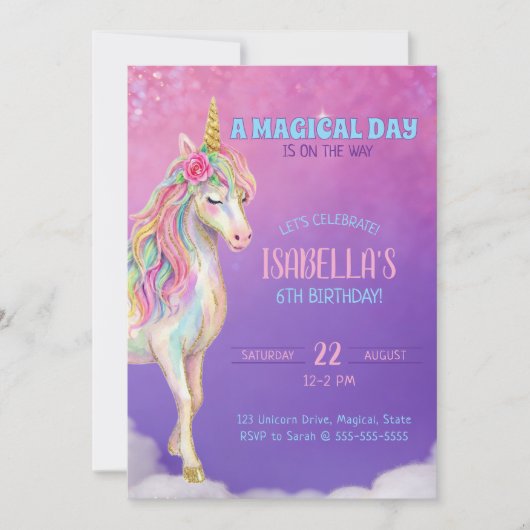 Unicorn Birthday Party Invitation Kaart (Voorkant)