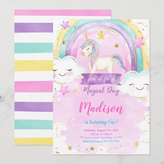 Unicorn Birthday Party Invitation Kaart (Voorkant / Achterkant)