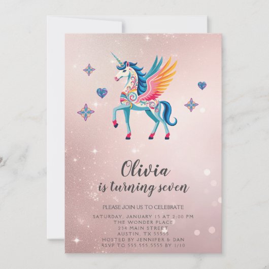 Unicorn Birthday Party Invitation Kaart (Voorkant)