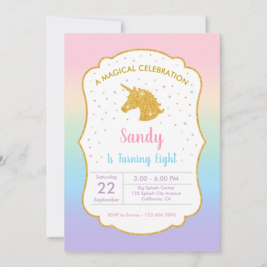 Unicorn Birthday Party Invitation Kaart (Voorkant)