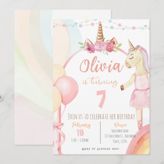 Unicorn Birthday Party Invitation Kaart (Voorkant / Achterkant)