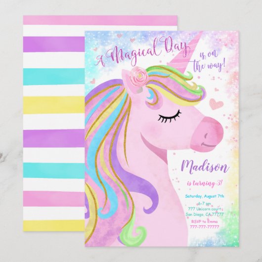 Unicorn Birthday Party Invitation Kaart (Voorkant / Achterkant)