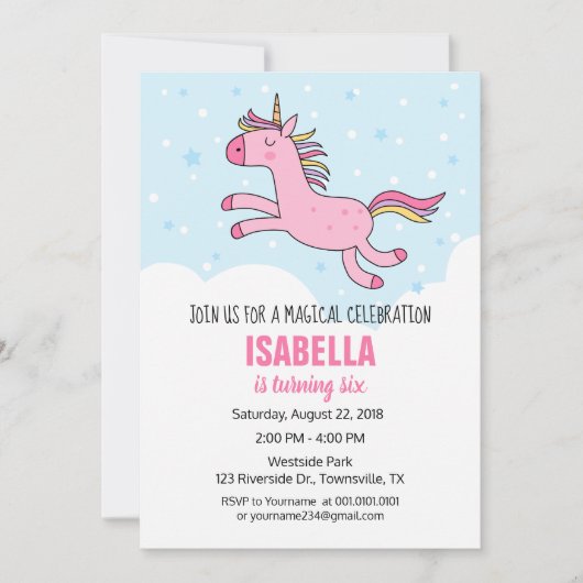 Unicorn Birthday Party Invitation Kaart (Voorkant)