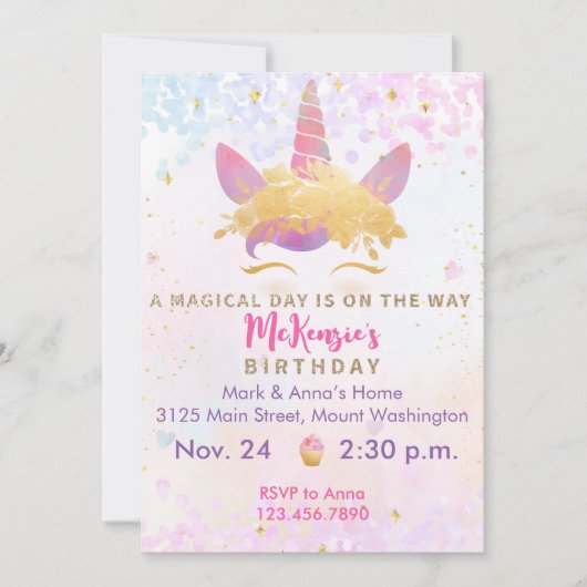 Unicorn Birthday Party Invitation Magical Metallic Kaart (Voorkant)