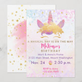 Unicorn Birthday Party Invitation Magical Metallic Kaart (Voorkant / Achterkant)