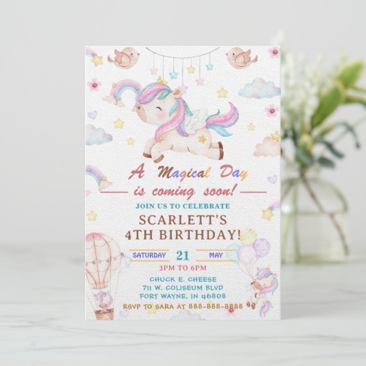 Unicorn Birthday Party Invitation, Unicorn Party Kaart (Staand voorkant)
