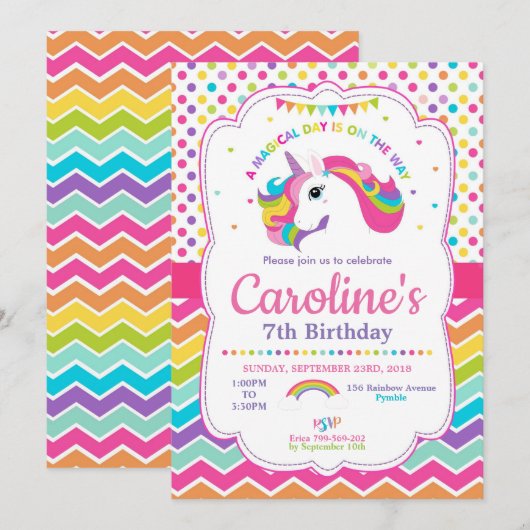 Unicorn Birthday Party Invitations Rainbow Kaart (Voorkant / Achterkant)