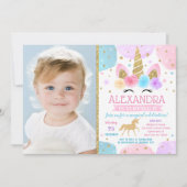 Unicorn Birthday Party Invitations with Photo Kaart (Voorkant)